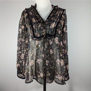 Zara Womens Sheer Floral Boho Peasant‎ Blouse Sz S Fairy Forest Whimsical